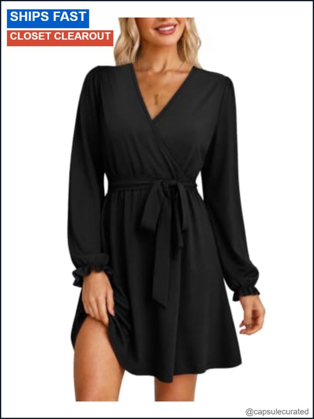 Wrap V Neck A-Line Dress Long Sleeve Belted Women's Dress
